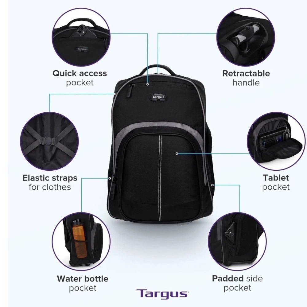 Targus Rolling Laptop Backpack Black Grey Travel Business Wheeled Bag Case